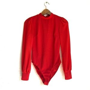 Fashion Nova Red Puff Shoulder Long Sleeve Bodysuit